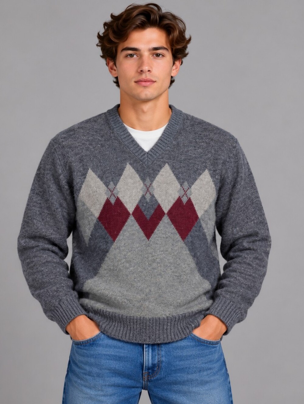 London Fog Mens Argyle V-Neck Sweater Gray Burgundy Wool Mohair Blend Medium